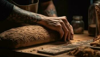 il qualificato artigiano tatuato mano crea ceramica con spiritualità generato di ai foto