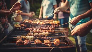 grigliato carne su spiedini, un' Perfetto picnic barbecue pasto generato di ai foto