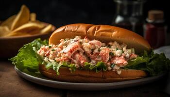 grigliato Manzo e Maiale Sandwich su Ciabatta con guacamole e insalata generato di ai foto