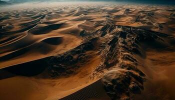 tramonto al di sopra di maestoso sabbia dune, un idilliaco avventura nel Africa generato di ai foto