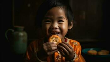 uno carino bambino sorridente, mangiare fatti in casa biscotto, godendo infanzia felicità generato di ai foto