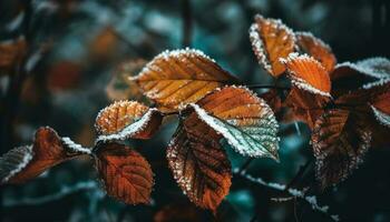 vivace autunno fogliame su gelido acero albero nel foresta sfondo generato di ai foto