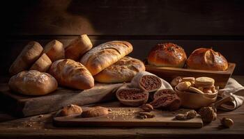 un' rustico cestino di francese pane, fresco e pronto per mangiare generato di ai foto