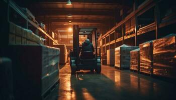 uno uomo guida carrello elevatore a forca nel buio magazzino Caricamento in corso carico contenitori generato di ai foto