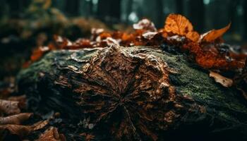 autunno le foglie copertina foresta pavimento, albero rami raggiungere per luce del sole generato di ai foto