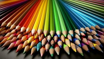 un' vivace arcobaleno spettro di colorato matite nel un' riga generato di ai foto