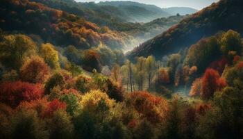 vivace autunno paesaggio Multi colorato alberi, nebbia, e montagna picchi generato di ai foto