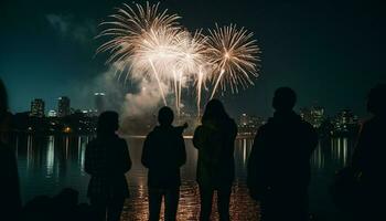 esplosivo fuochi d'artificio leggero su città orizzonte, accensione gioia e celebrazione generato di ai foto