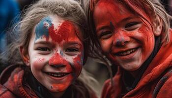 sporco facce, spensierato divertimento, eccitazione a tradizionale Festival celebrazione generato di ai foto