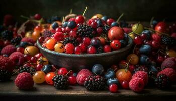 un' rustico ciotola di succoso, Multi colorato bacca frutta per dolce generato di ai foto