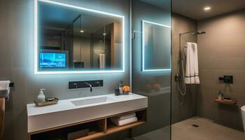 moderno eleganza nel un' pulire, luminosa domestico bagno con marmo pavimentazione generato di ai foto