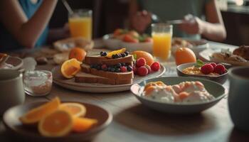 un' buongustaio vegetariano pasto con fresco biologico frutta e verdure generato di ai foto