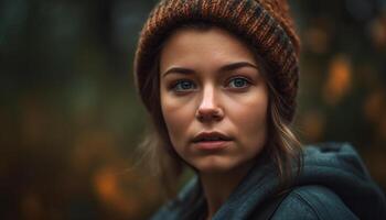 fiducioso giovane donna nel caldo inverno moda sorrisi a telecamera generato di ai foto