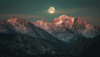 maestoso montagna gamma sotto chiaro di luna, un' tranquillo inverno avventura generato di ai foto