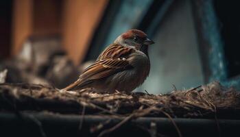 un' carino passero perching su un' ramo, guardare a telecamera generato di ai foto