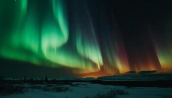 notte cielo illuminato di aurora polaris, un' maestoso inverno avventura generato di ai foto