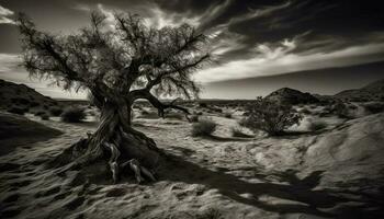 arido Africa buio silhouette di albero su montagna, spaventoso crepuscolo generato di ai foto