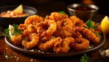 un' buongustaio frutti di mare aperitivo in profondità fritte gamberetto scampi con Limone tuffo generato di ai foto