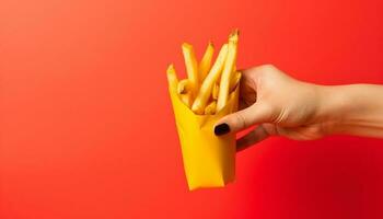 malsano pasto Tenere buongustaio francese patatine fritte, un' dolce dolce merenda generato di ai foto