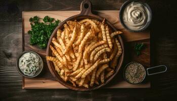 un' buongustaio pasto di in profondità fritte Manzo e francese patatine fritte generato di ai foto