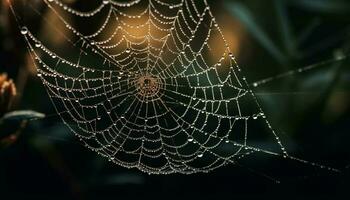 spaventoso ragno gira bagnato ragnatela nel rugiadoso autunno foresta prato generato di ai foto