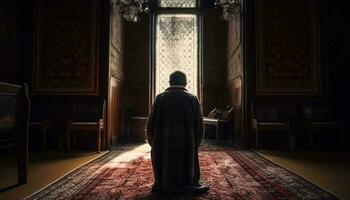 un' solitario uomo medita su il tappeto, preghiere per Dio generato di ai foto