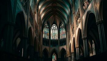 dentro il Gotico stile basilica, macchiato bicchiere si illumina il maestoso altare generato di ai foto