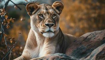 il maestoso leonessa, un' bellezza nel natura, fissando a telecamera generato di ai foto