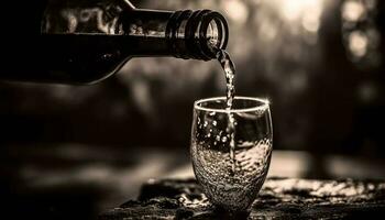 rinfrescante vino scrosciante a partire dal bottiglia, bagnare bicchiere con freschezza generato di ai foto