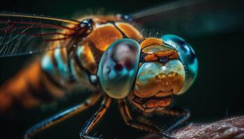 il piccolo giallo mosca domestica Multi colorato Ali luccicare nel il luce del sole generato di ai foto