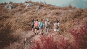 un' gruppo di escursionisti godendo un' montagna avventura insieme generato di ai foto