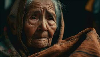 uno rugosa anziano donna guardare a telecamera, sorridente con spiritualità generato di ai foto