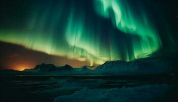 artico notte illuminato di maestoso aurora, un' inverno avventura attende generato di ai foto