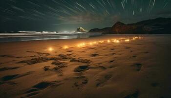 il tranquillo scena di il illuminato costa sotto stellato cieli generato di ai foto