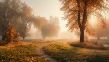 un' nebbioso autunno alba, il bellezza di natura mistero generato di ai foto