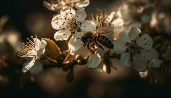 un' ape impollina un' giallo fiorire su un' fresco primavera giorno generato di ai foto