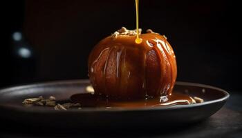 un' appiccicoso, dolce caramello salsa scrosciante al di sopra di un' al forno dolce generato di ai foto