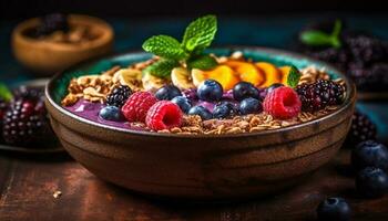 un' buongustaio bacca parfait con fresco mirtilli, lamponi, e muesli generato di ai foto