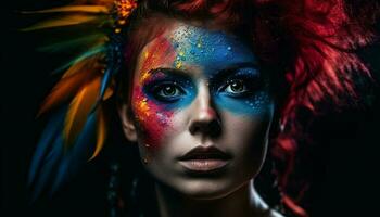 uno giovane donna bellezza si illumina con vivace colori e creatività generato di ai foto