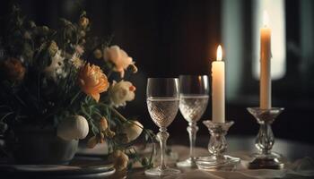 elegante nozze celebrazione con Champagne, lume di candela, e romantico fiori generato di ai foto