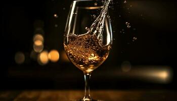 lusso Champagne scrosciante in cristallo flauto, spruzzi nel celebrazione generato di ai foto