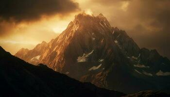 maestoso montagna gamma a tramonto, un' tranquillo scena di bellezza generato di ai foto