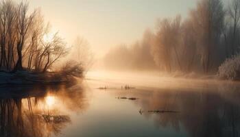 il tranquillo scena di il foresta a alba, retroilluminato di luce del sole generato di ai foto