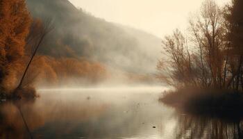 tranquillo scena di autunno foresta riflessa nel tranquillo, calmo acqua generato di ai foto