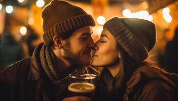 un' gioioso inverno notte di amore, amicizia, e celebrazione in casa generato di ai foto