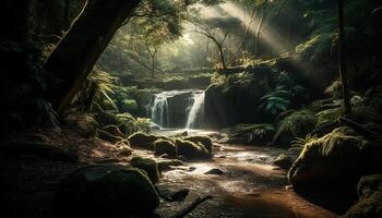 un' tranquillo scena di un' tropicale foresta pluviale con fluente acqua generato di ai foto