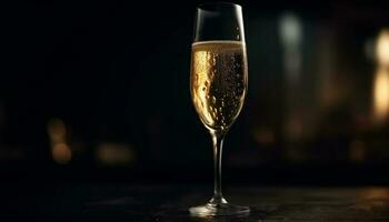 Champagne flauto riflette d'oro bolle nel elegante celebrazione festa generato di ai foto