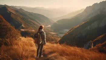 uno persona escursioni a piedi montagna picco nel autunno, godendo natura bellezza generato di ai foto