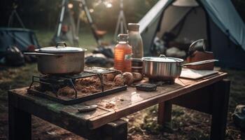 grigliato carne su un' fuoco da campo, un' rustico estate picnic festa generato di ai foto