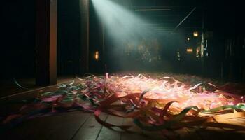 discoteca celebrazione si accende il palcoscenico con Multi colorato raggiante fiamme generato di ai foto